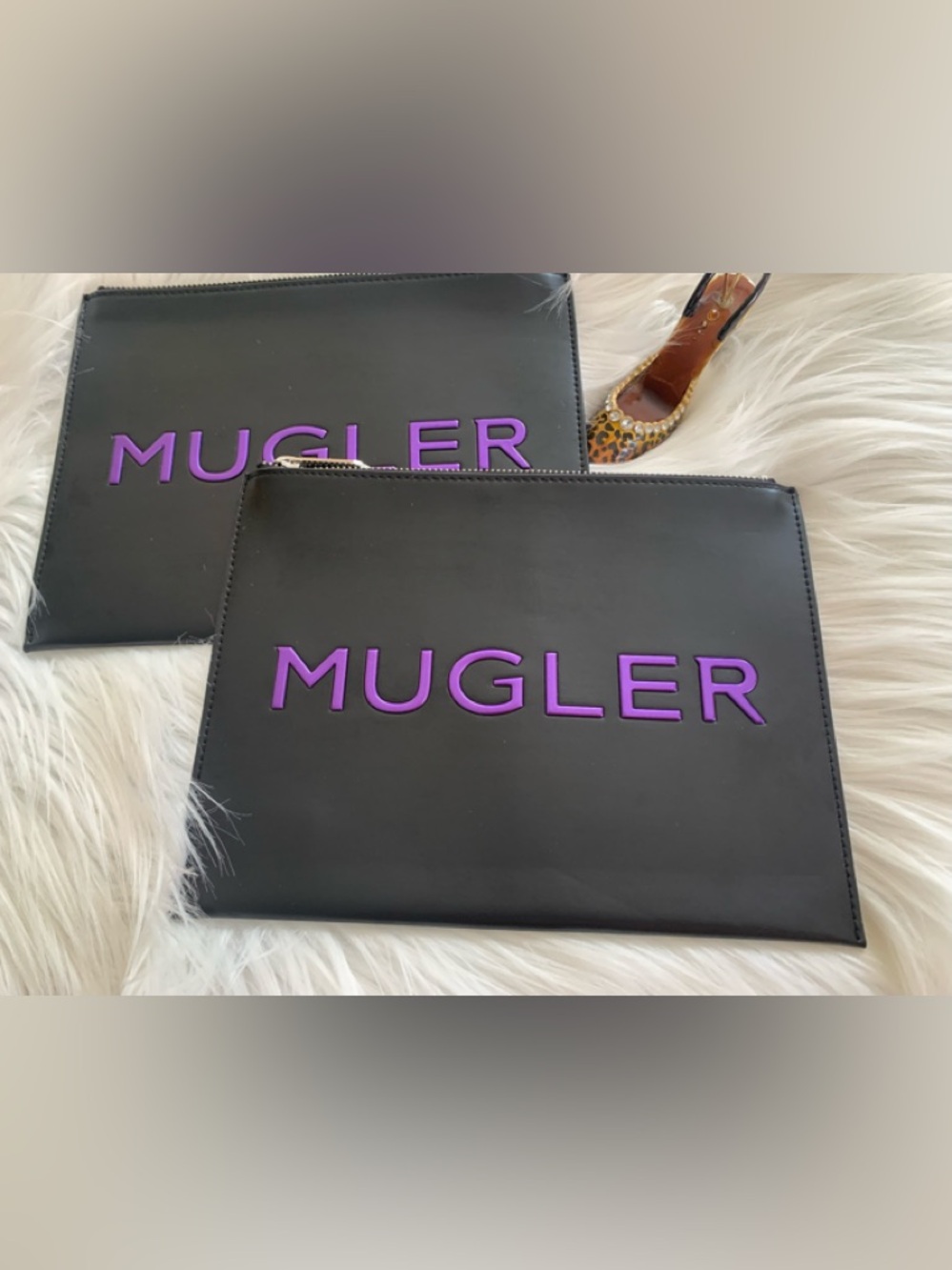 MUGLER black, zip close black faux leather cosmetic  pouches (2) LNWOT